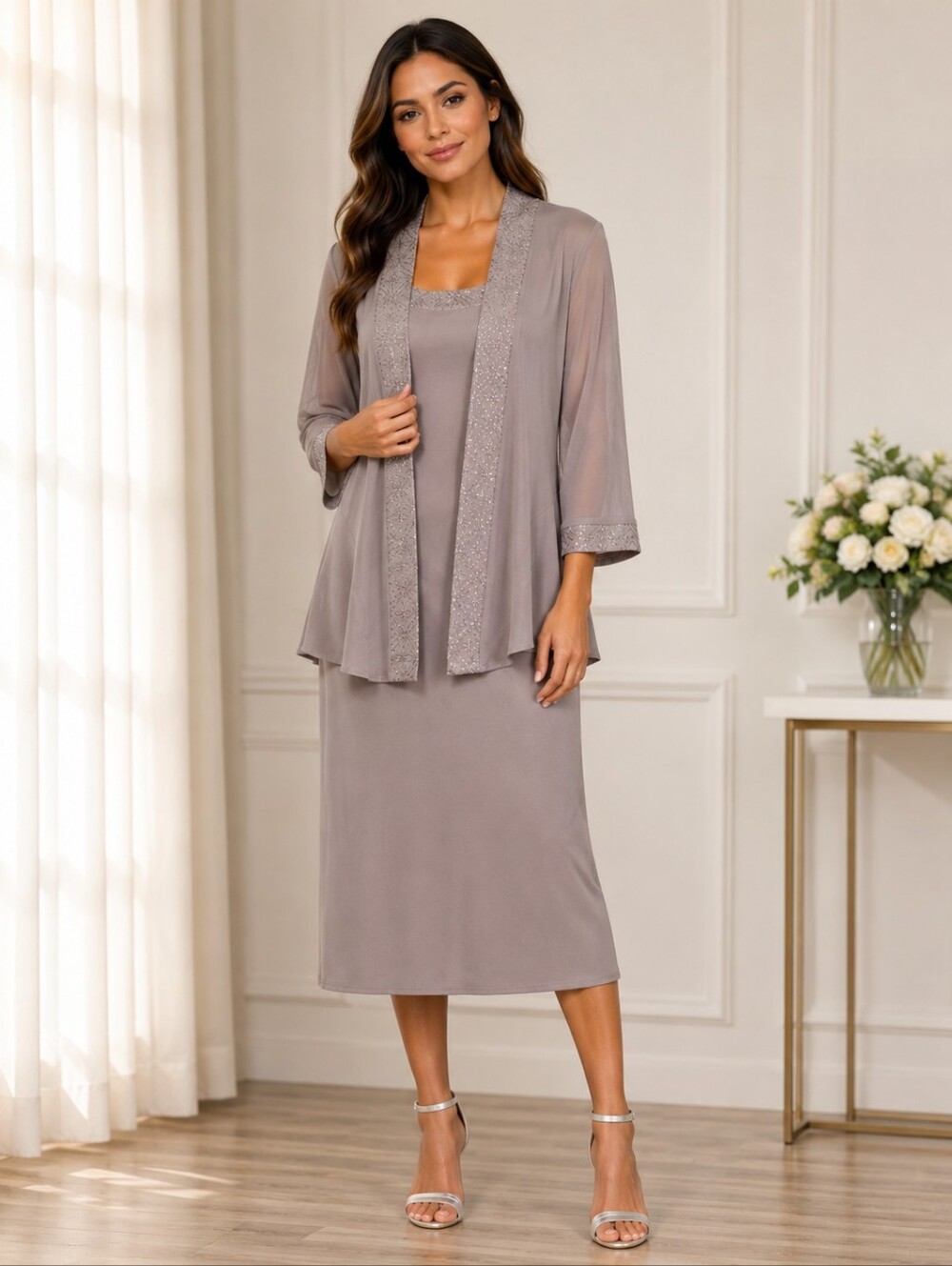 R&M Richards Size 12 Taupe Shimmer Trim Dress & Sheer Sleeve Jacket Set EUC